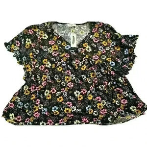 Impressions Blouse Womens Short Sleeve Pull Over Black Flowers Shirt 3XL Top NWT